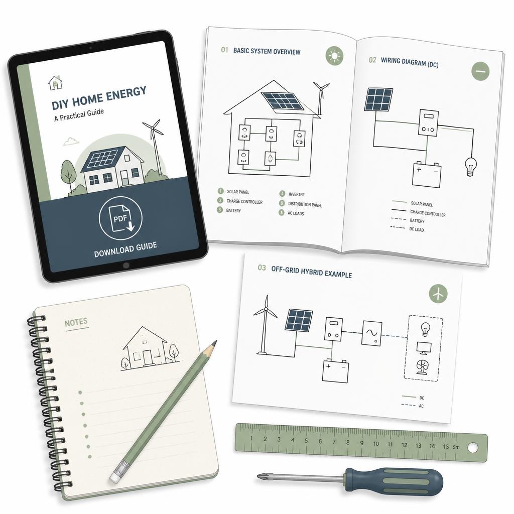 Digital DIY home-energy guide shown on a tablet with blueprint pages, wiring diagrams, notes and hand tools